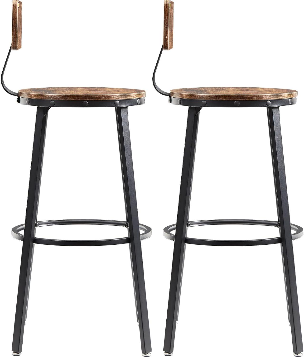 VEVOR Rustic Bar Stools, 25.6” Tall Rectangle Seat, Set of 2 Bar Chairs with Footrest Steel Frame Adjustable Feet, Wooden Industrial Kitchen Stool for Kitchen Dining Living Room, Rustic Brown