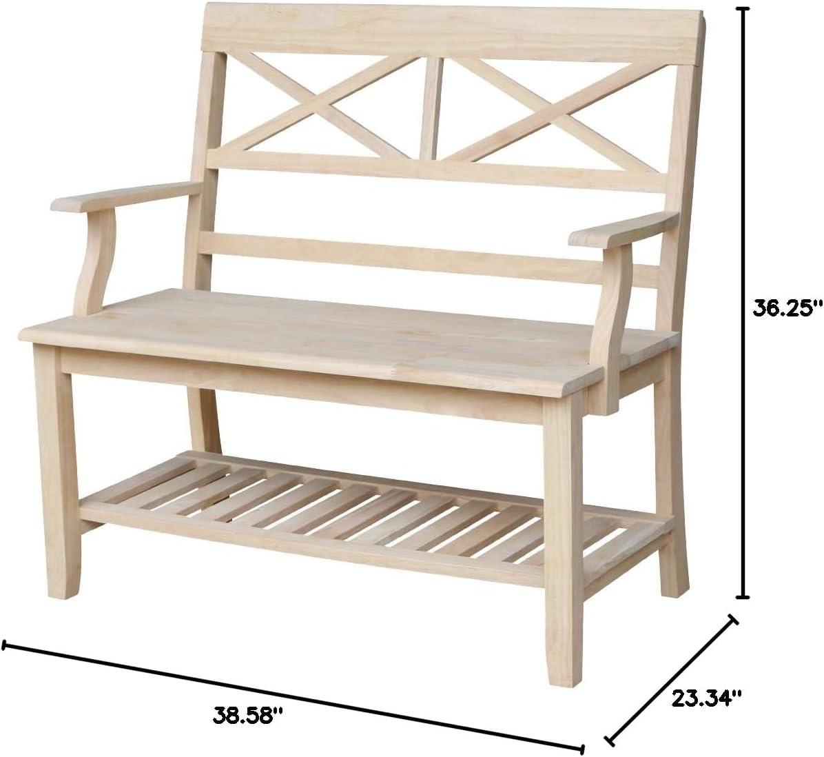 Double X-Back Bench with Arms and a Shelf - International Concepts: Hardwood Frame, Non-Upholstered, 2-Person Seating
