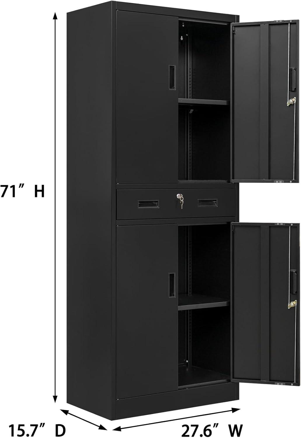 Metal Storage Cabinets with Drawer and Adjustable Shelves, Lockable Storage Cabinet for Pantry Home Office Garage Kitchen Living Dining Room (Black)