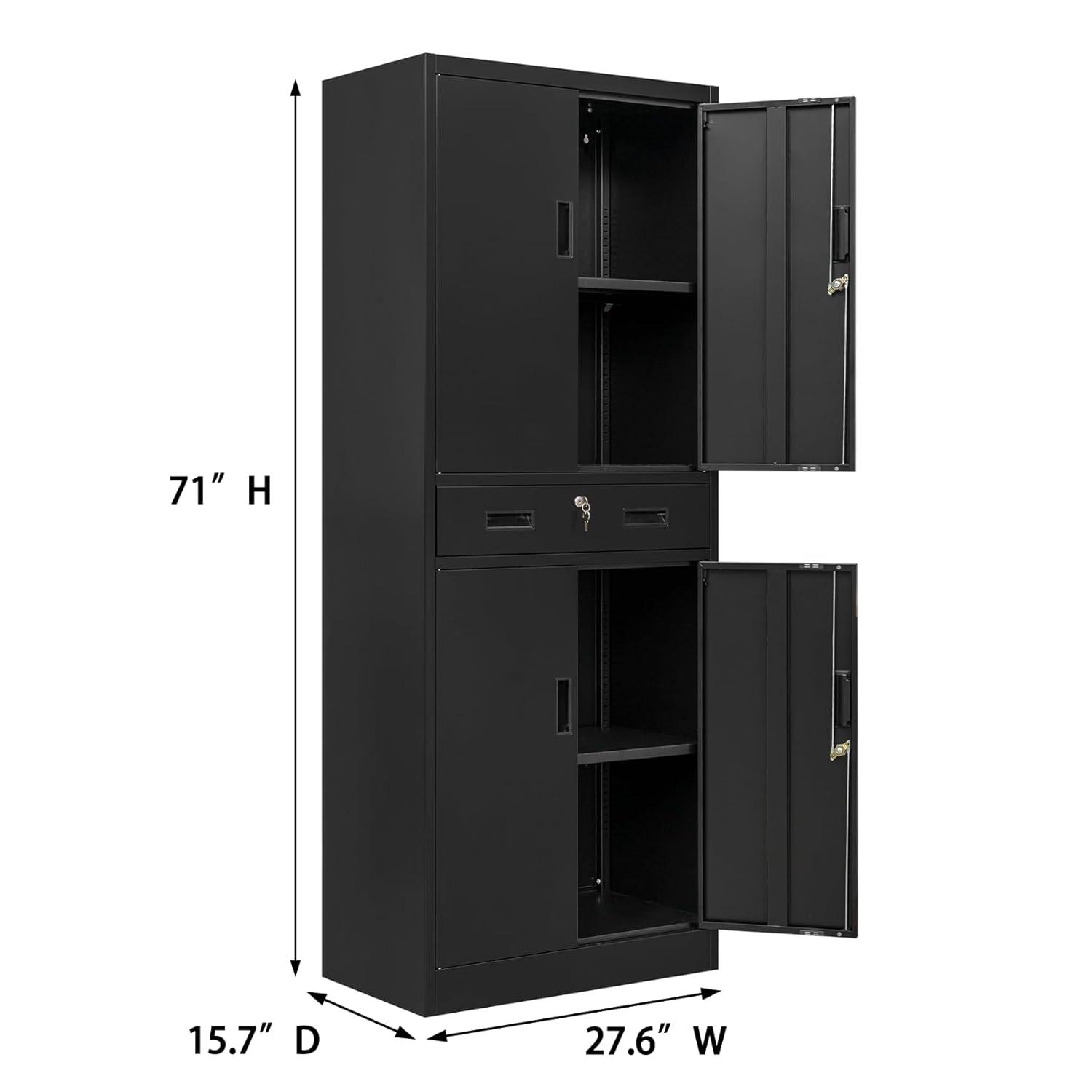 Metal Storage Cabinets with Drawer and Adjustable Shelves, Lockable Storage Cabinet for Pantry Home Office Garage Kitchen Living Dining Room (Black)