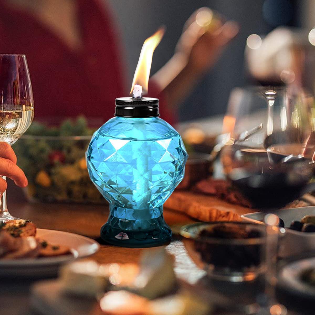 TRAHOO-4 Pack Glass Table Top Light Torches for Outside, Easy to Refill Glass Citronella Torches Outdoor Lanterns, Wick and Cap Included Torch for Garden Patio Yard Party