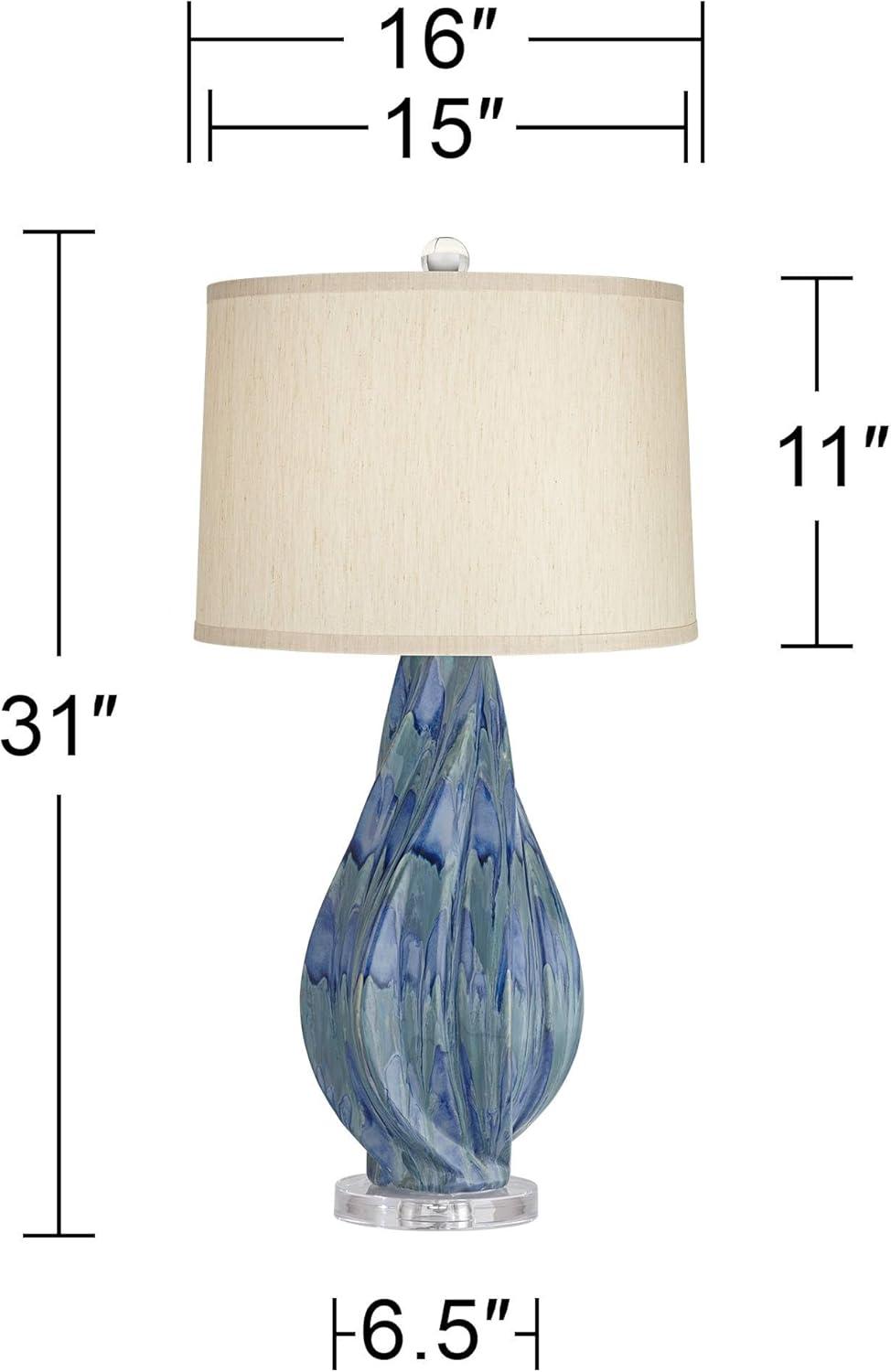 Teal Blue Drip Ceramic Table Lamp with Beige Shade