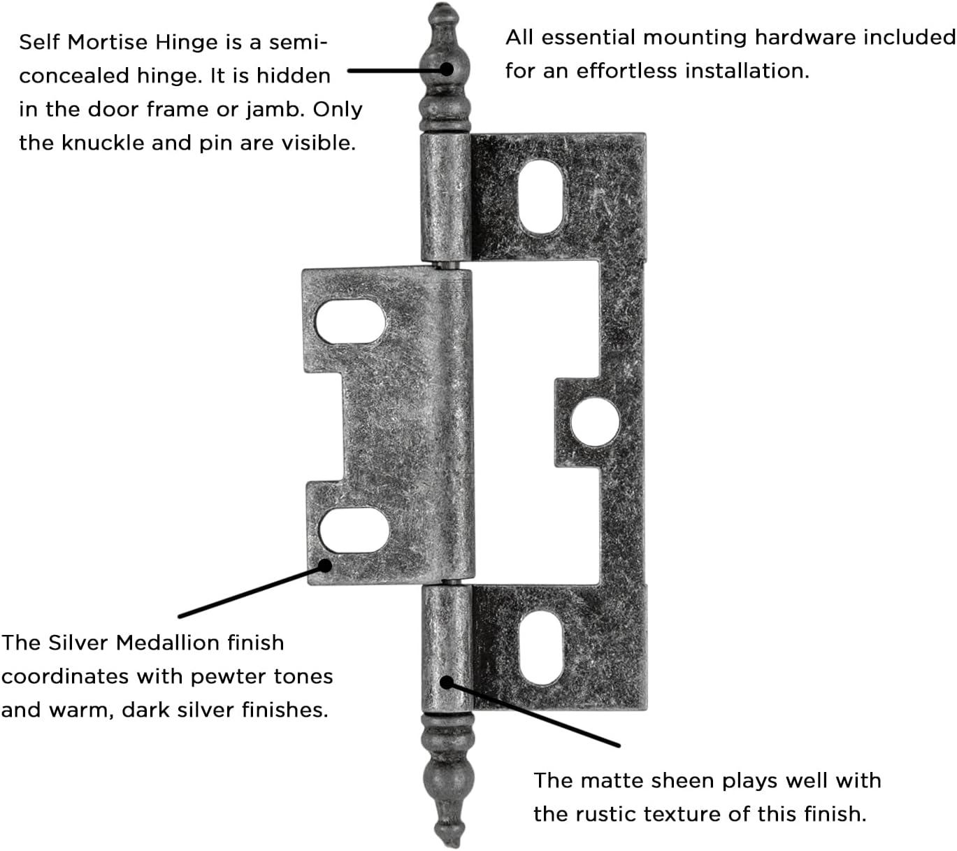 Silver Medallion Self Mortise Cabinet Hinges, 2-Pack