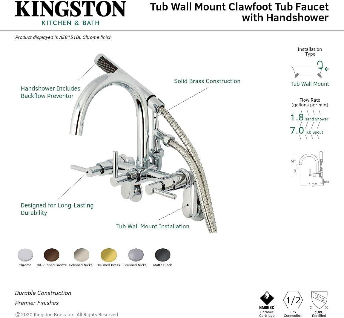 Kingston Brass Concord Three-Handle 2-Hole Tub Wall Mount Clawfoot Tub Faucet with Hand Shower