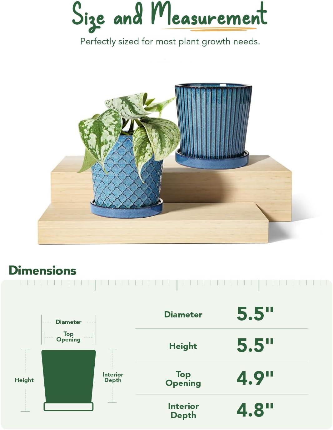 BEMAY 5.5" Plant Pots, Ceramic Indoor Planters with Drainage and Tray, Set of 2 Flower Pots for Succulent,Plants, Reactive Glaze Blue