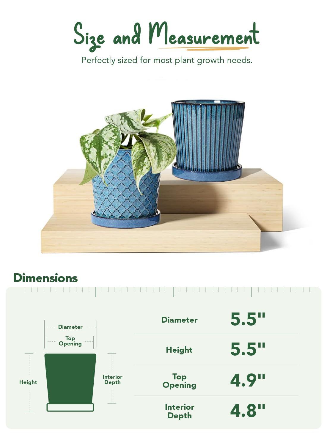 BEMAY 5.5" Plant Pots, Ceramic Indoor Planters with Drainage and Tray, Set of 2 Flower Pots for Succulent,Plants, Reactive Glaze Blue