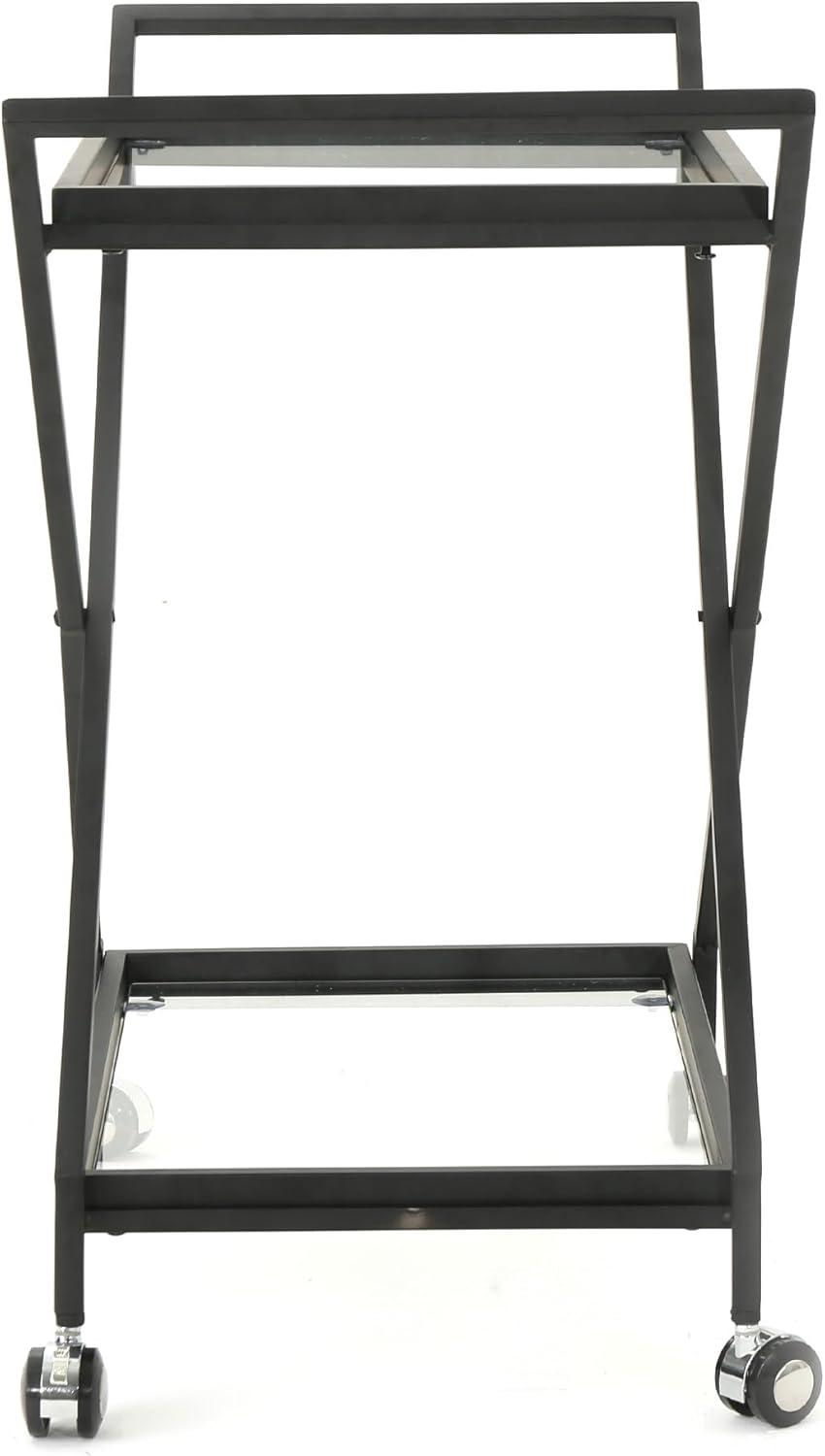 GDF Studio Sheri Indoor/Outdoor Industrial Iron Bar Cart with Tempered Glass Shelves, Black