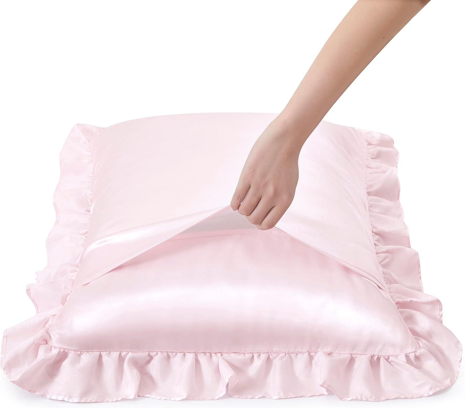 Blush Pink Satin Ruffled Standard/Queen Pillowcase Set