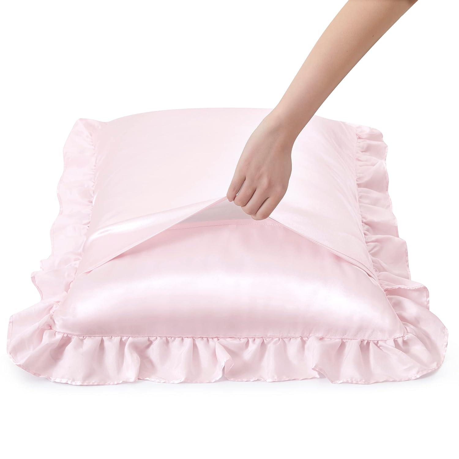 SiinvdaBZX Ruffled Queen Satin Pillowcase Set of 2, Blush Pink Silky Satin Pillow Cases for Women Ruffle Pillow Shams Covers Princess Room Decoration, with Envelope Closure