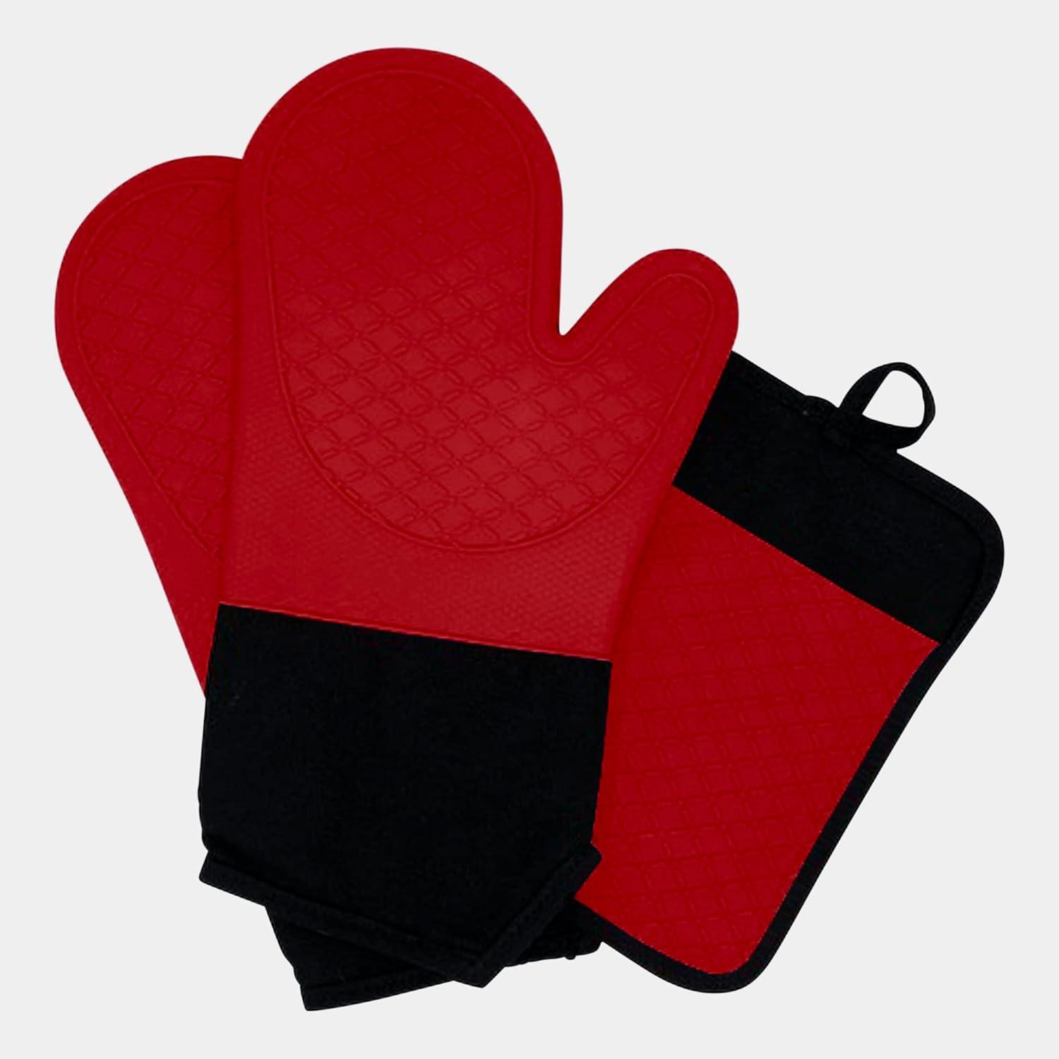 Ecoberi Silicone Oven Mitts and Pot Holder Set, Heat Resistant, Cook, Bake, BBQ, Pack of 3 Cherry