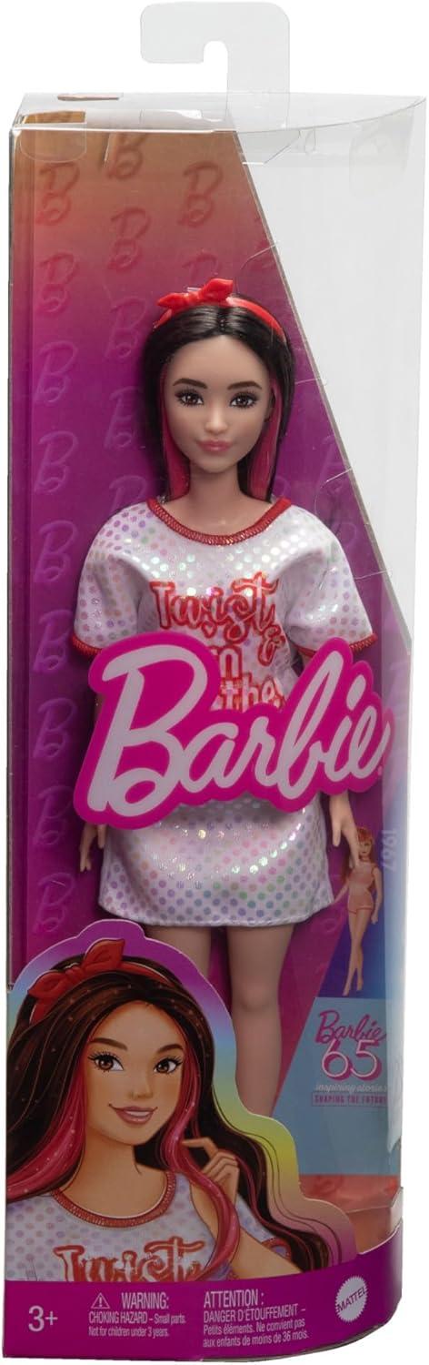 Barbie Fashionistas Doll #214, Black Wavy Hair with Twist ‘n’ Turn Dress & Accessories, 65th Anniversary Collectible Fashion Doll