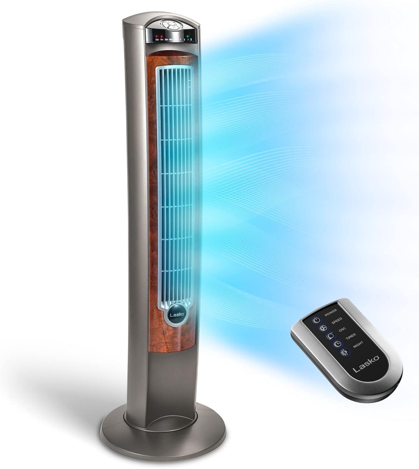 Lasko 42" Wind Curve Tower Fan with Nighttime Setting, Timer and Remote, Gray/Brown, T42954, New