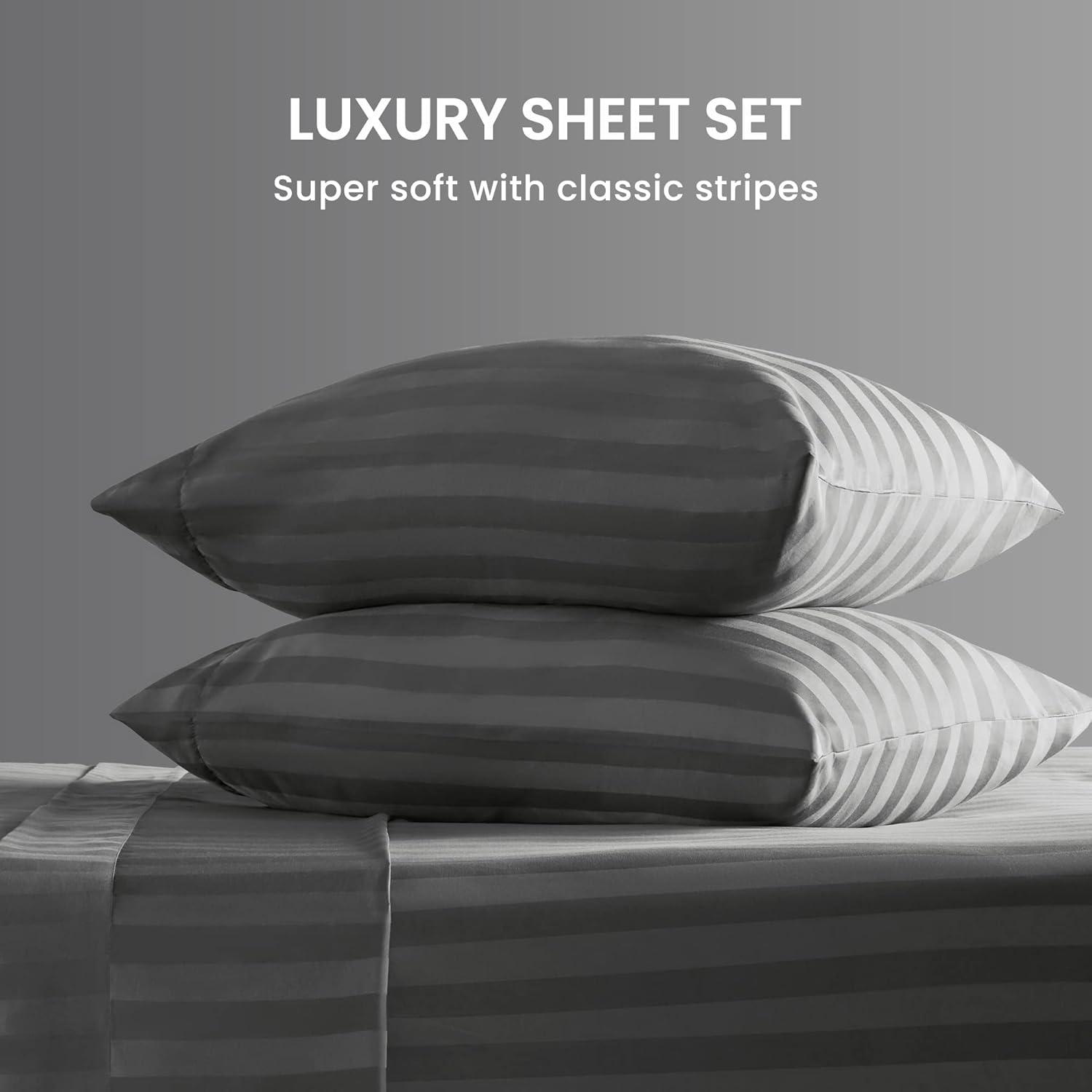 Gray King Cotton Damask Stripe 4-Piece Sheet Set