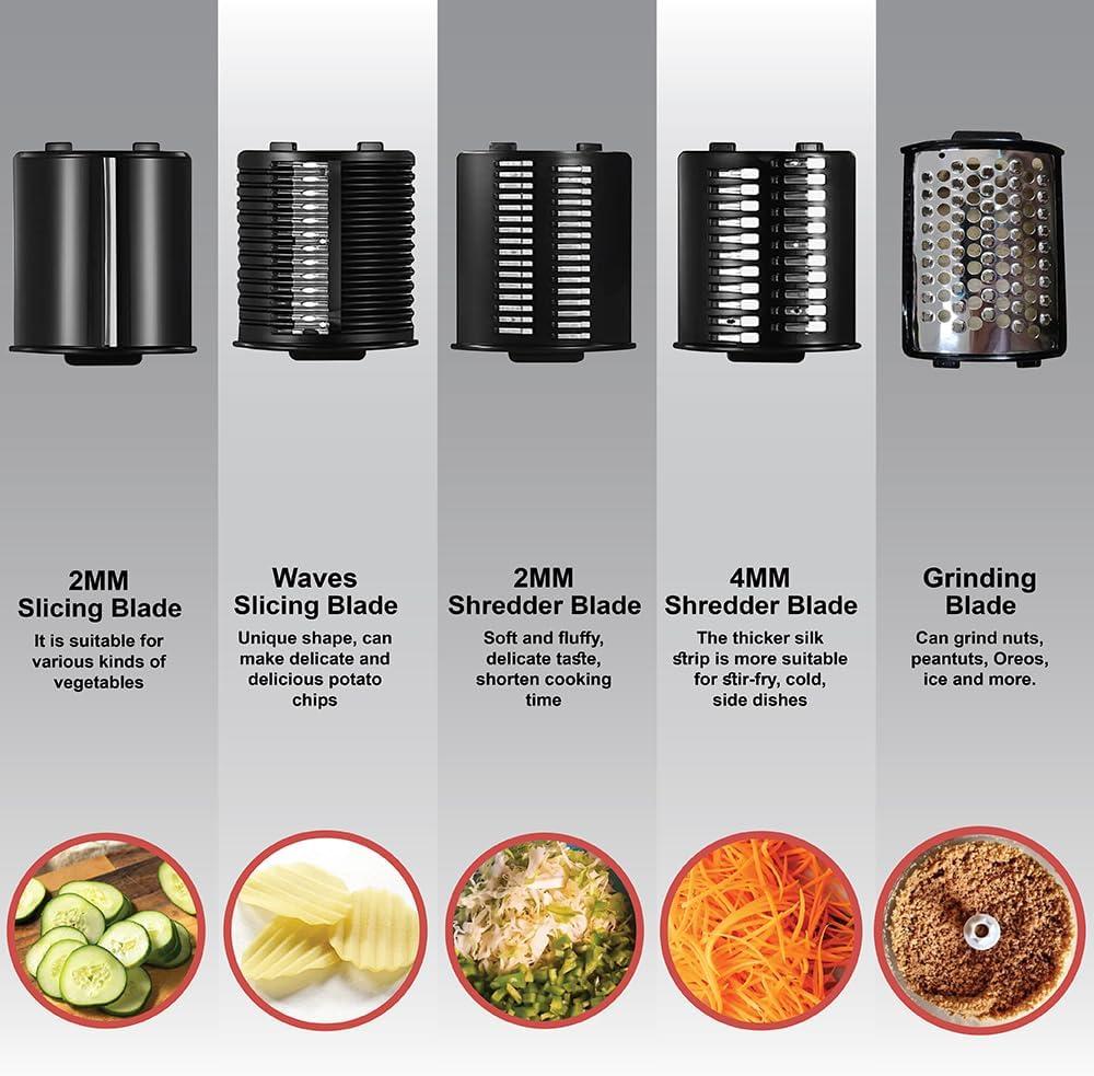 Ttak HOUSEWARE Electric Cheese Grater, 250W Professional Electric Slicer Shredder, One-Touch Control Electric Salad Machine Fruits, Vegetables, Cheeses, Salad Maker 5 Attachments Food Processor