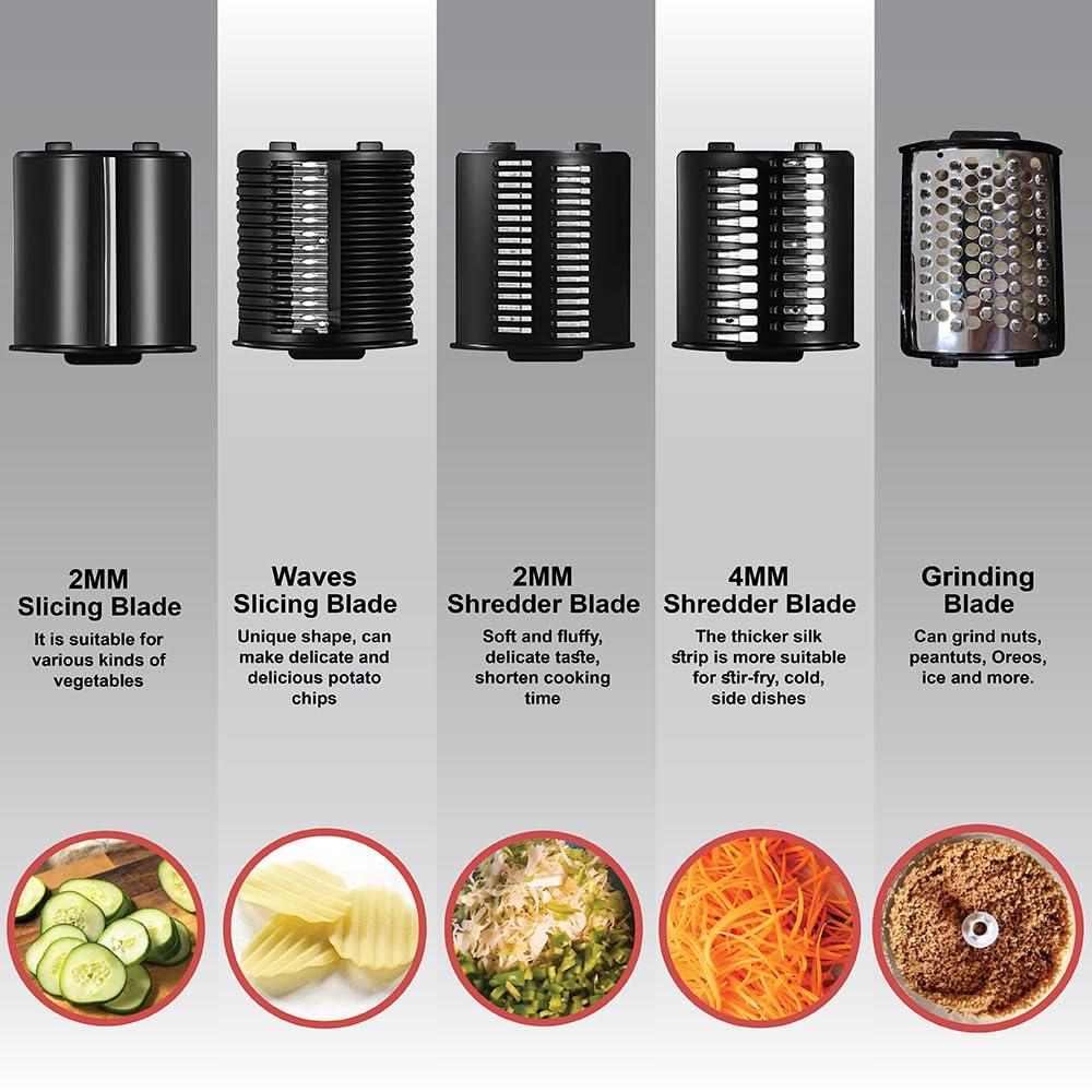 Ttak HOUSEWARE Electric Cheese Grater, 250W Professional Electric Slicer Shredder, One-Touch Control Electric Salad Machine Fruits, Vegetables, Cheeses, Salad Maker 5 Attachments Food Processor