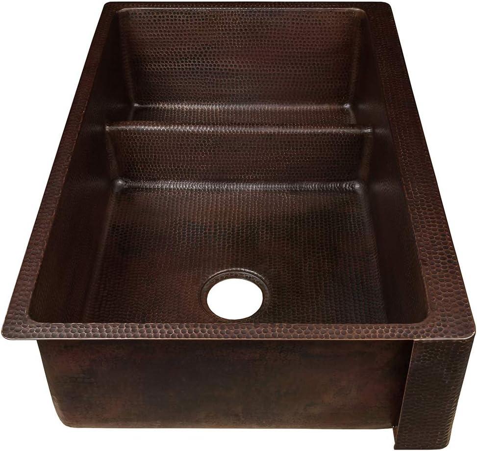 33" Hammered Copper Apron Front 70/30 Double Basin Kitchen Sink with Short 5" Divider