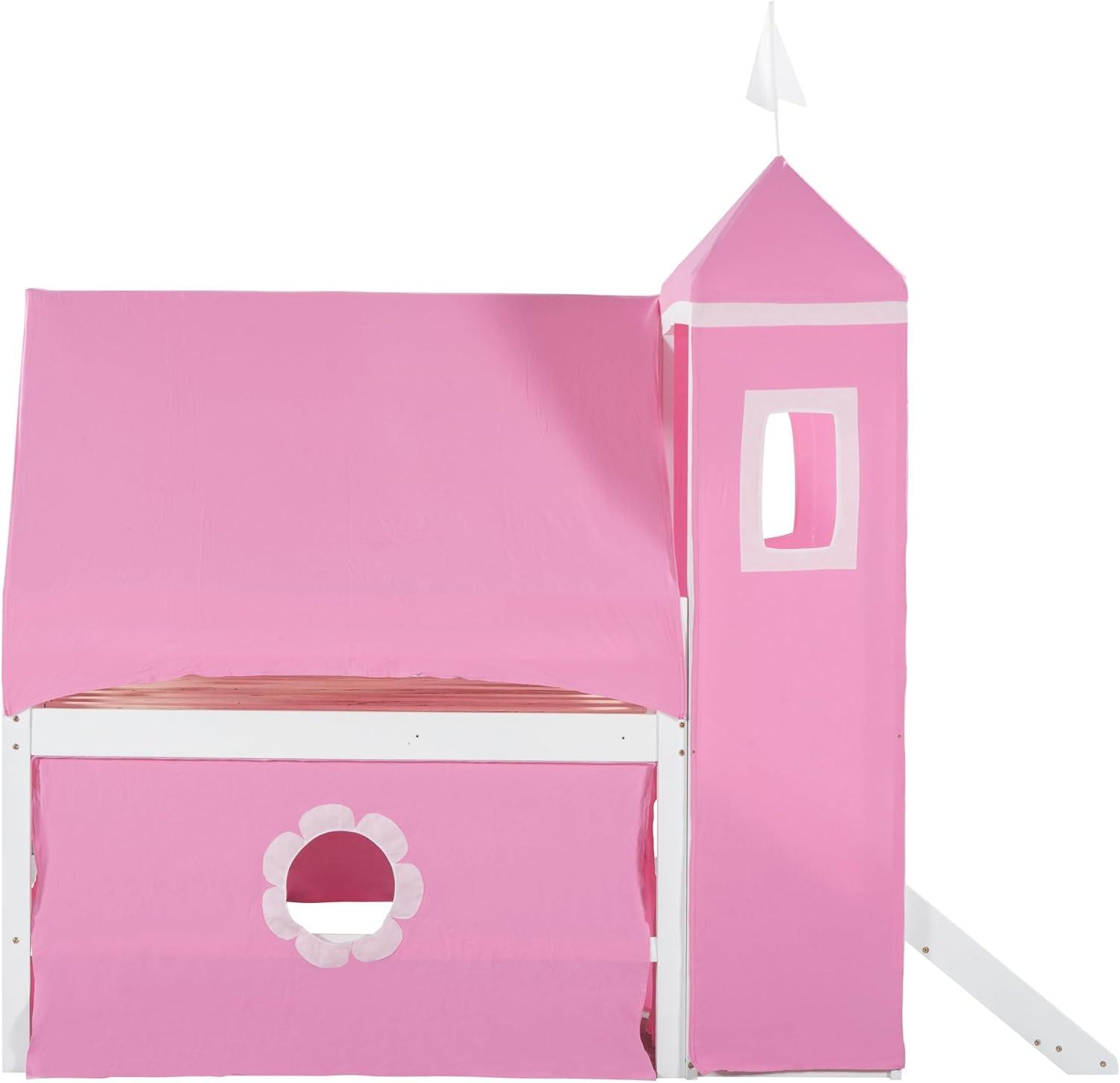 Polibi Full Size Castle Loft Bed with Slide & Pink Tent and Tower, Playhouse Design Spacious Under Bed Space with Curtains, Wood Tent Bed Frame for Kids Boys Girls
