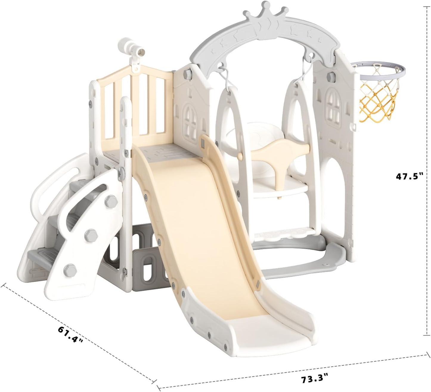 Beige Indoor Toddler Slide and Swing Set with Basketball Hoop