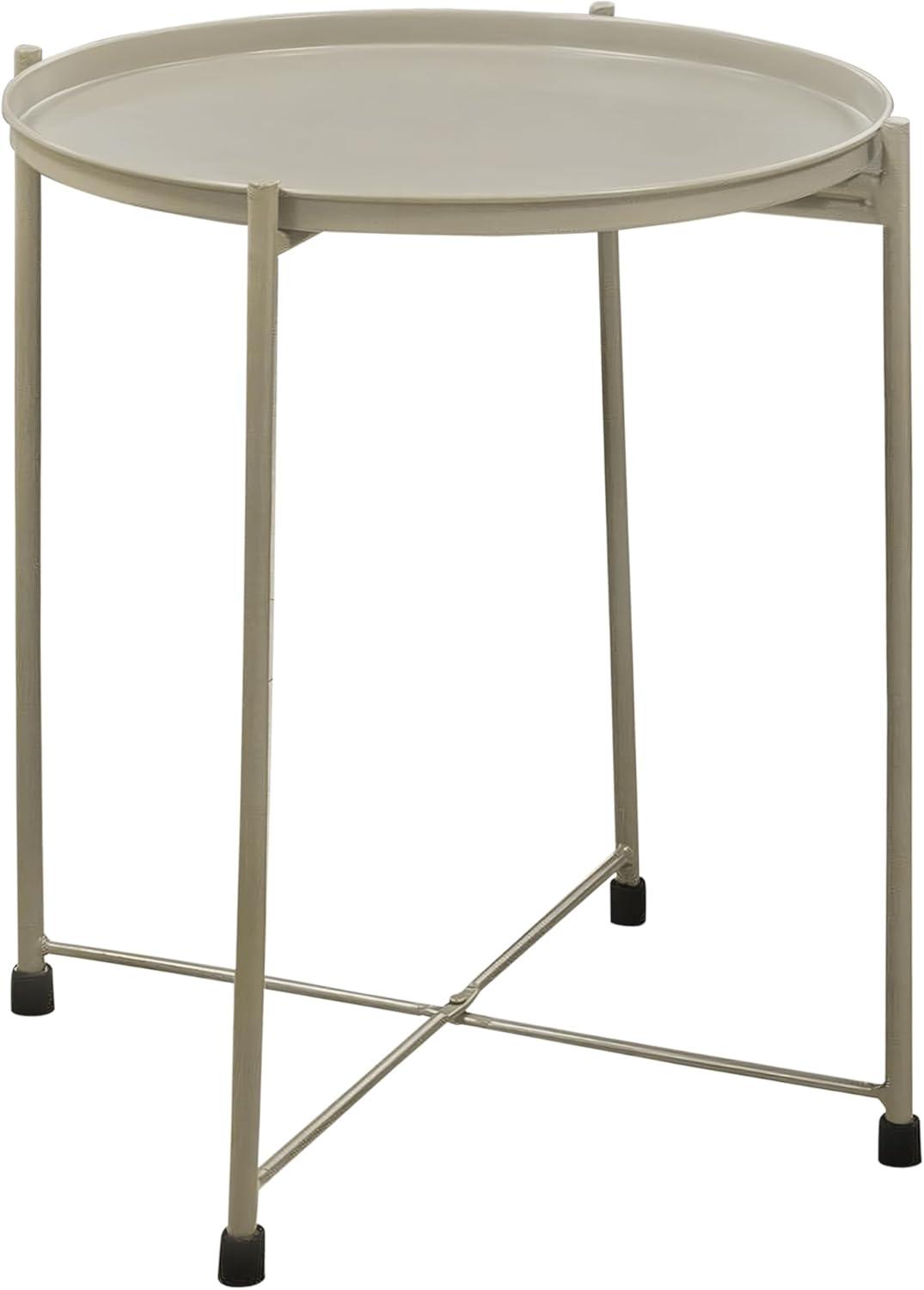 18 in. Modern Round Metal Tray Top Foldable Legs Side End Table, Beige