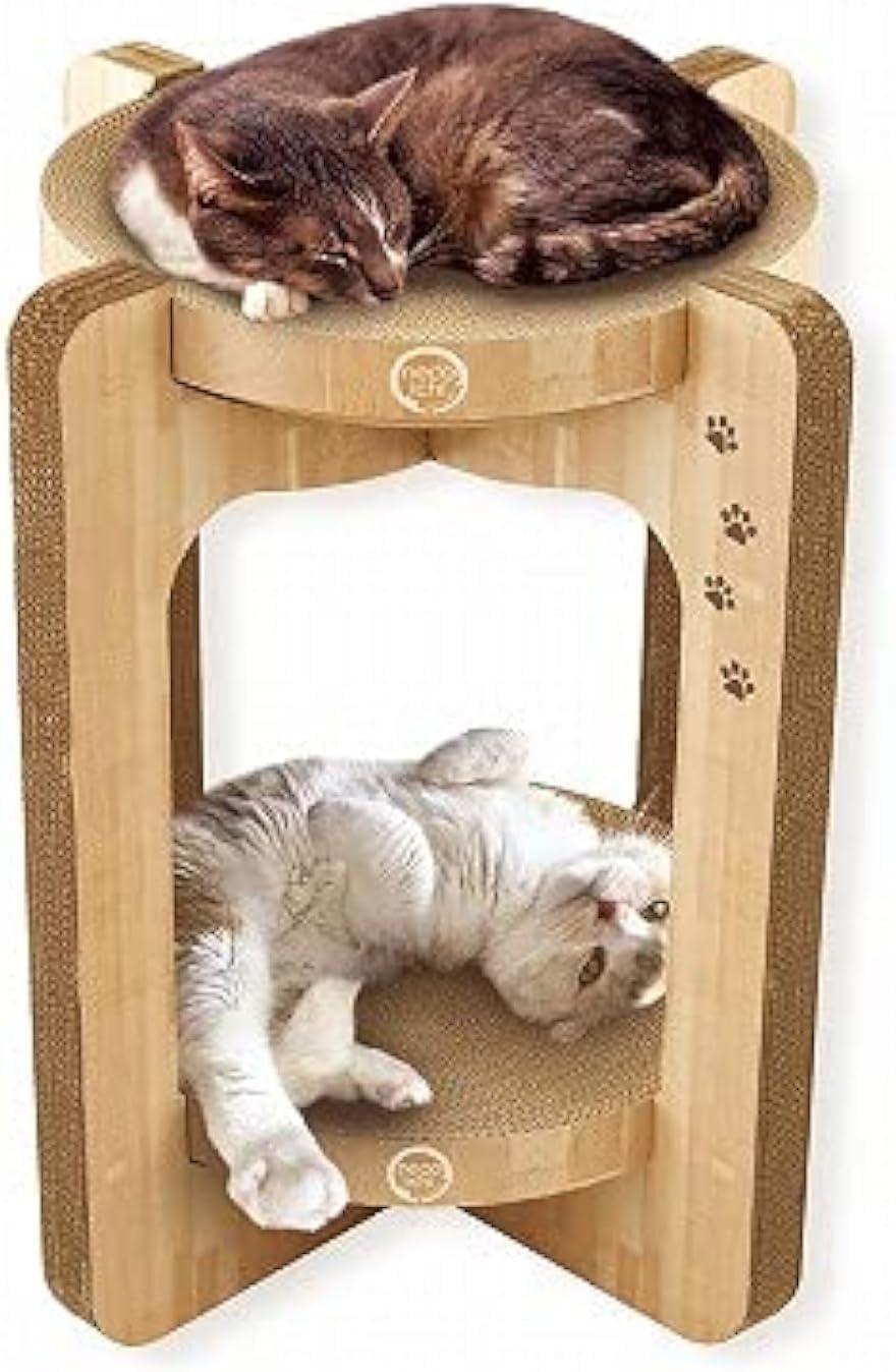 Necoichi Cat Scratcher Tower for Indoor Cats - Cat Scratching Post Lounger with Reversible Usability and Extra Comfort for Lounge, Cardboard Bed Couch / (Regular, Oak)