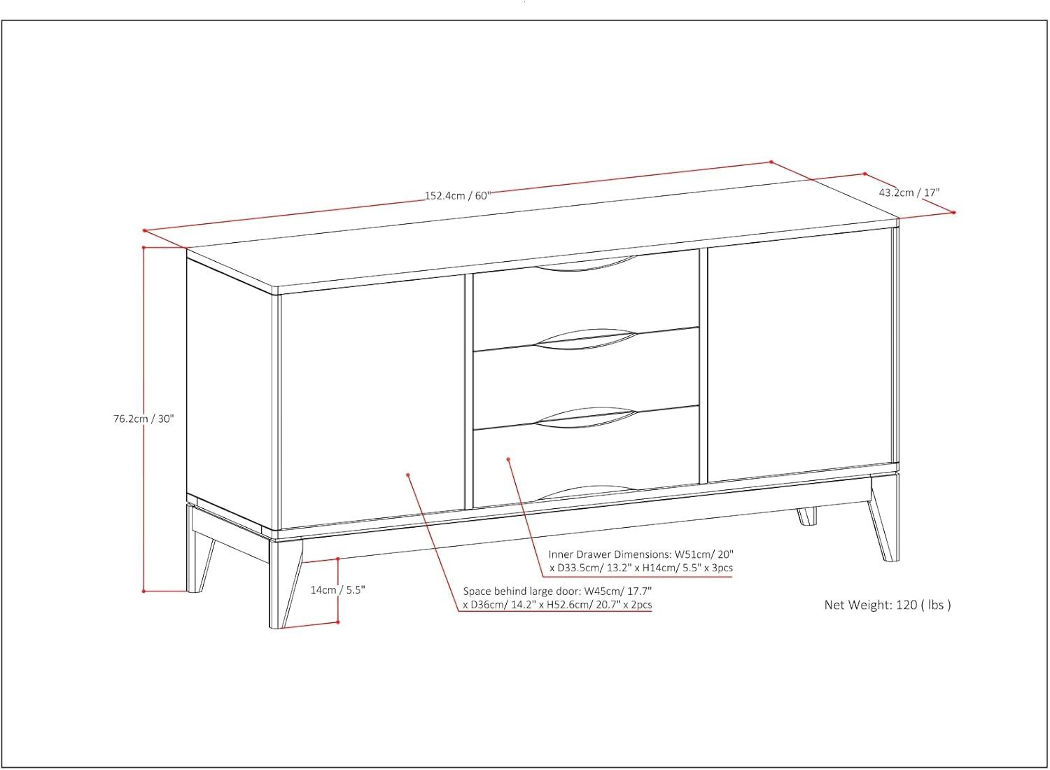 Harper SOLID HARDWOOD 60" Wide Design Sideboard Buffet in Walnut Brown