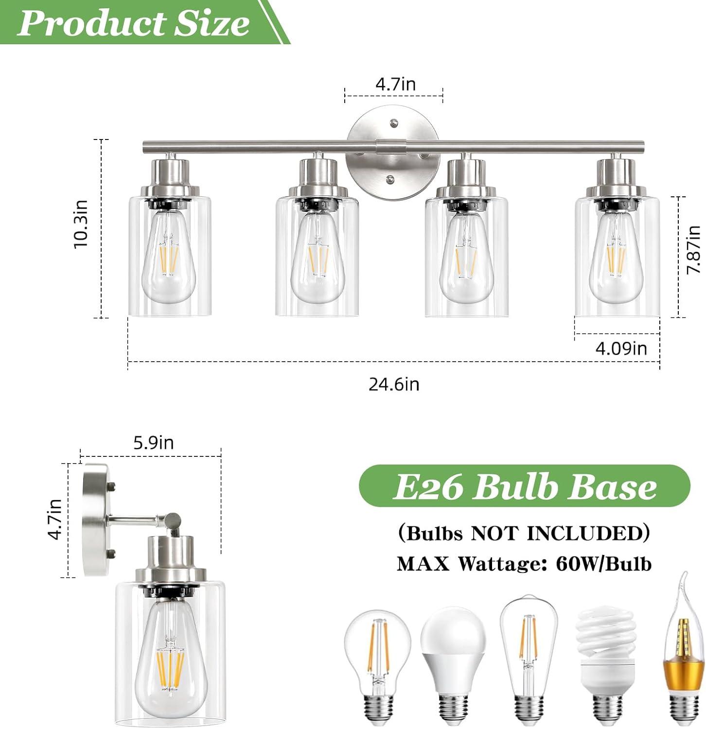 Brushed Nickel 4-Light Bathroom Vanity Fixture with Clear Glass Shades