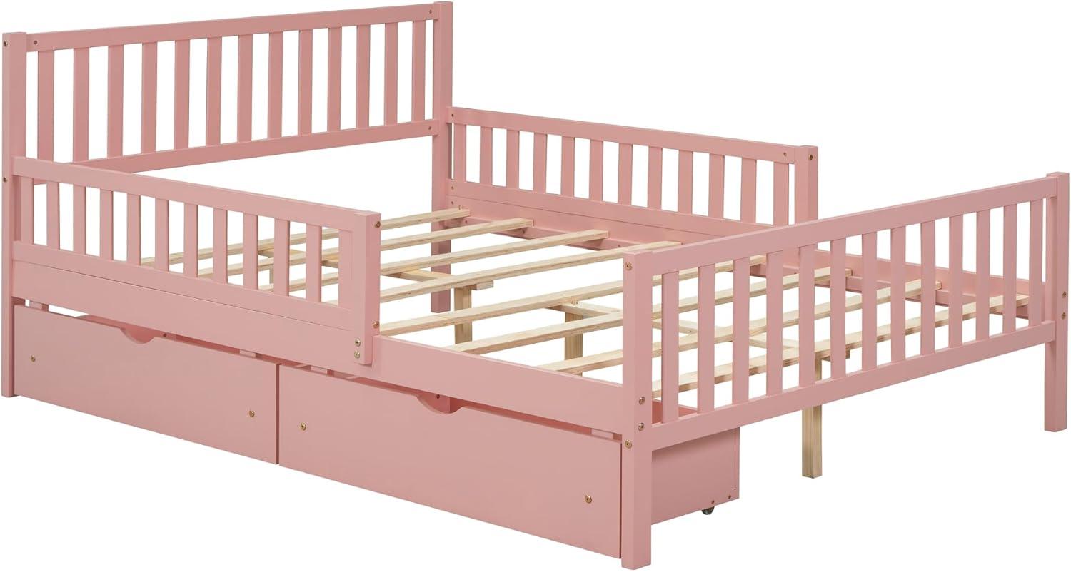 Harper & Bright Designs Full Storage Bed Frame for Kids, Wood Full Size Bed with 2 Drawers, Full Platform Bed with Guardrails on Both Sides for Kids, Girls, Boys, Pink