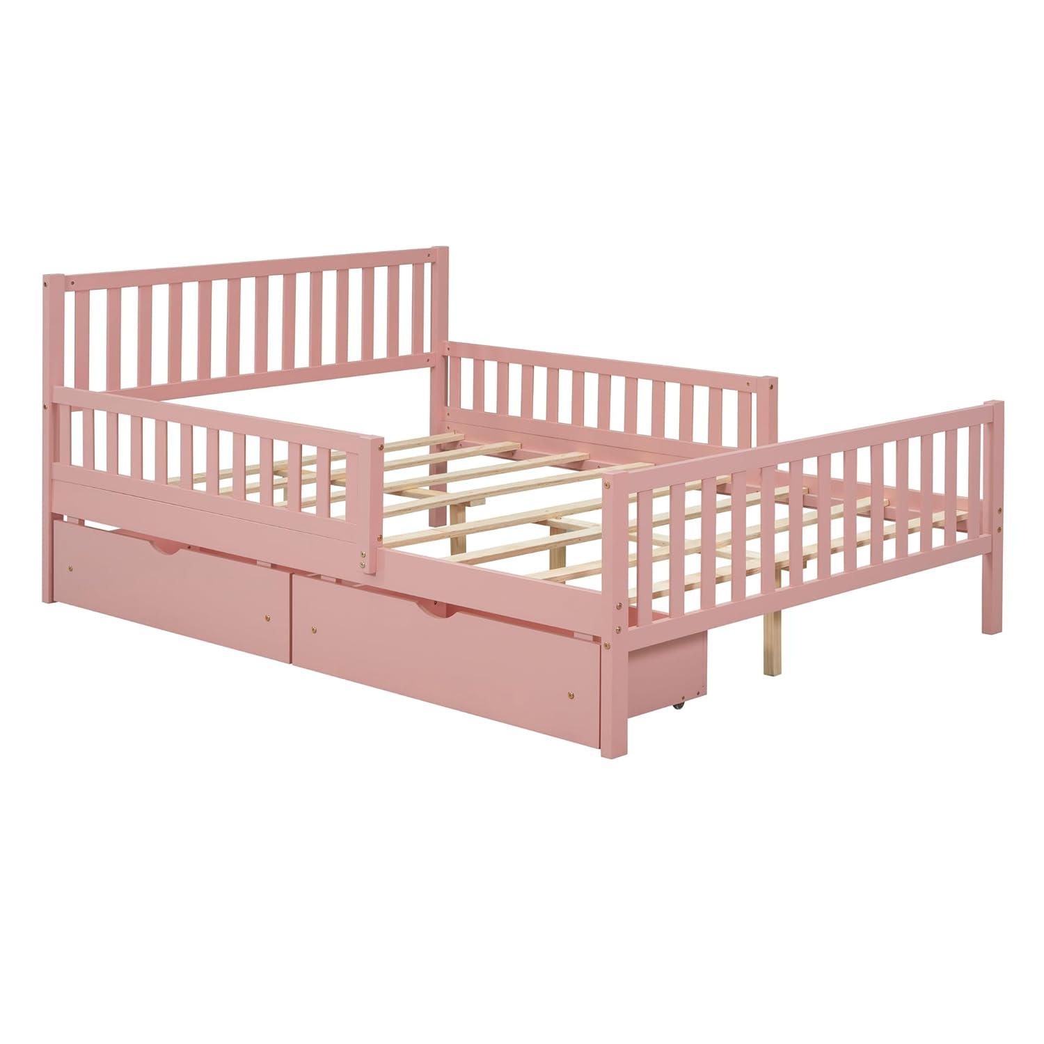 Harper & Bright Designs Full Storage Bed Frame for Kids, Wood Full Size Bed with 2 Drawers, Full Platform Bed with Guardrails on Both Sides for Kids, Girls, Boys, Pink