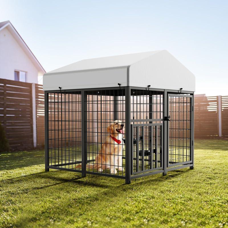 LOVMOR Large Dog Kennel Outdoor Pet Pens Dogs Run Enclosure Animal Hutch Metal Coop Fence with Rotating Bowl