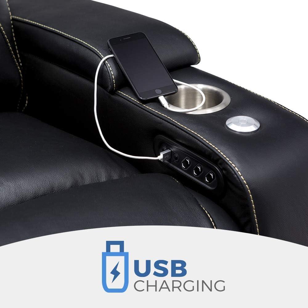 Black Leather Reclining Sofa with Cup Holders and USB Charging