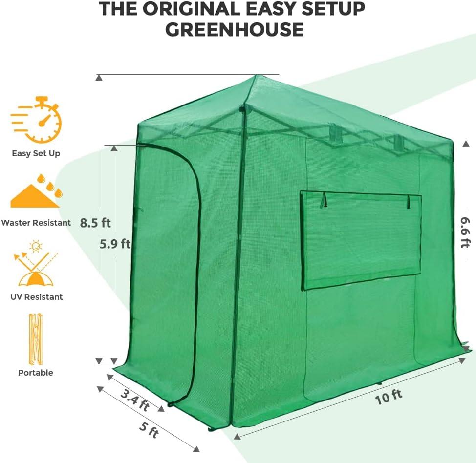 EAGLE PEAK 10x 5 Portable Lean to Walk-in Greenhouse Instant Pop-up Fast Setup Indoor Outdoor Plant Gardening Green House Canopy, Front and Rear Roll-Up Zipper Entry Doors and Roll-Up Side Windows