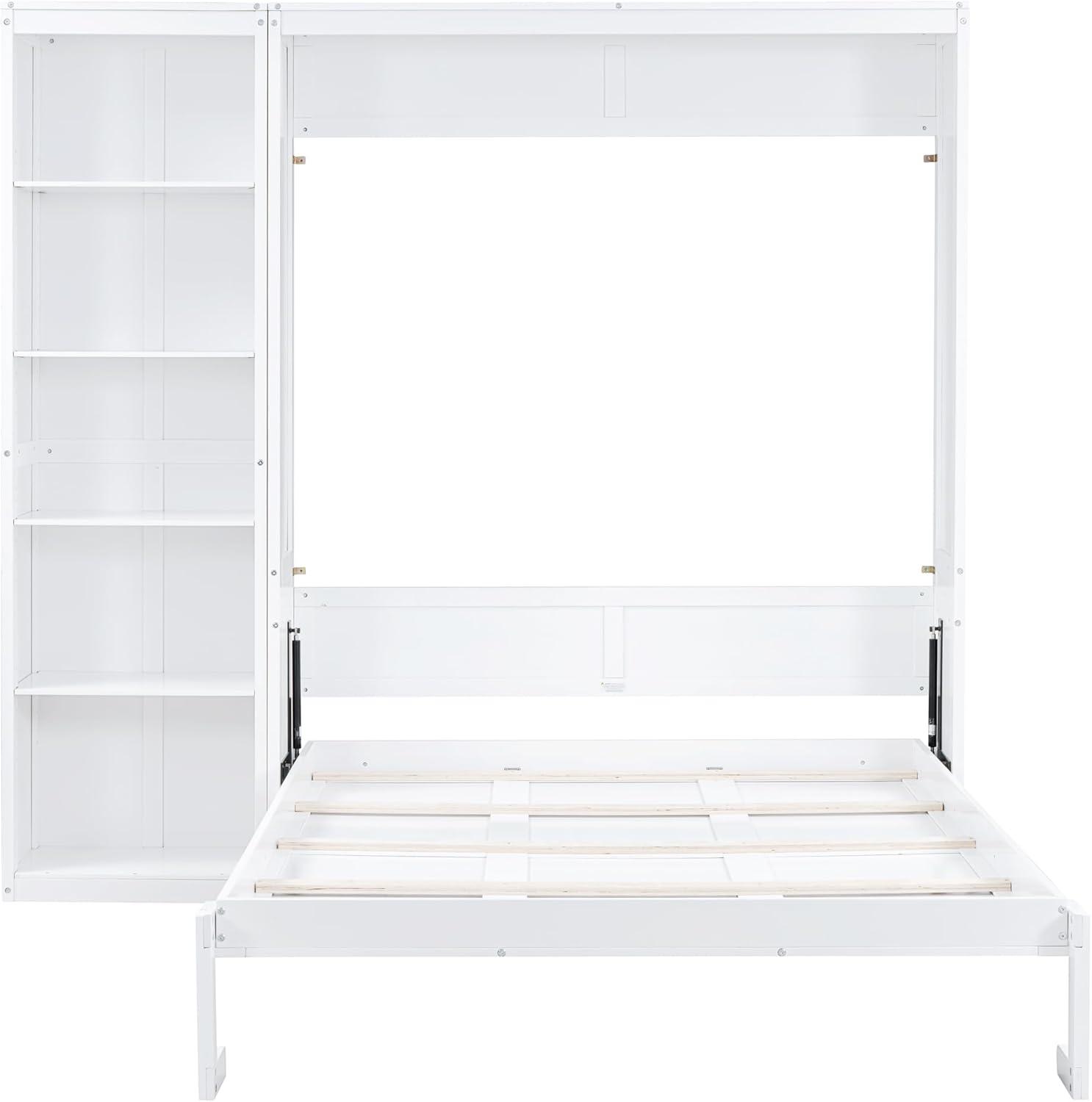 White Queen Murphy Bed with Shelves and Cabinet