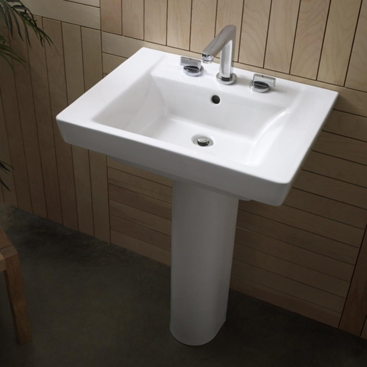 White Rectangular Ceramic Pedestal Sink with Overflow