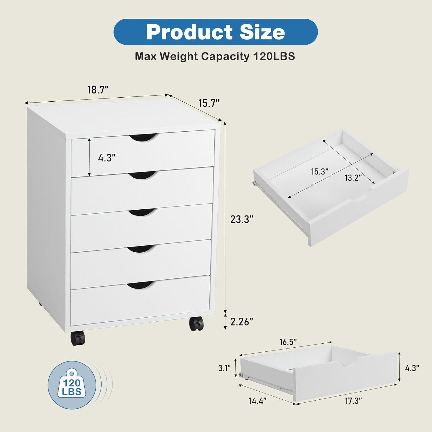 5 Drawer Dresser, Chest Dressers with Wheels, Wood Storage Cabinet for Bedroom, Home, Office Organization, White