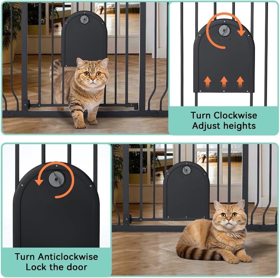 Caveen 29.5-48.4" Wide Pet Safety Gate with Cat Door Pressure Mount, Black