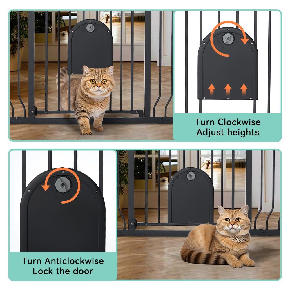 Caveen 29.5-48.4" Wide Pet Safety Gate with Cat Door Pressure Mount, Black