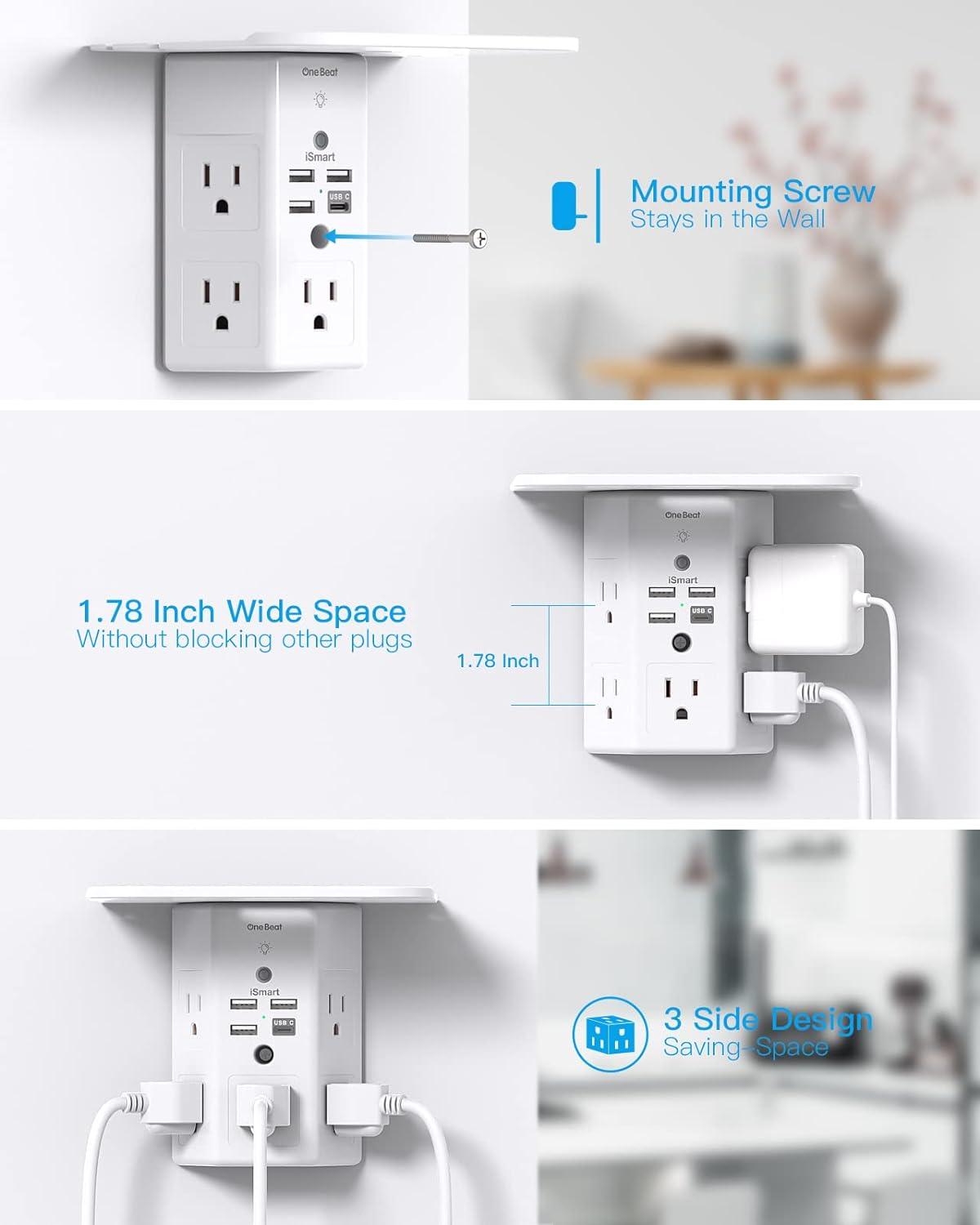 Multi Plug Outlets, Wall Outlet Extender with Night Light and Outlet Shelf, Surge Protector 4 USB Ports(1 USB C), USB Wall Charger Power Strip Electric Outlet Splitter for Home Office White