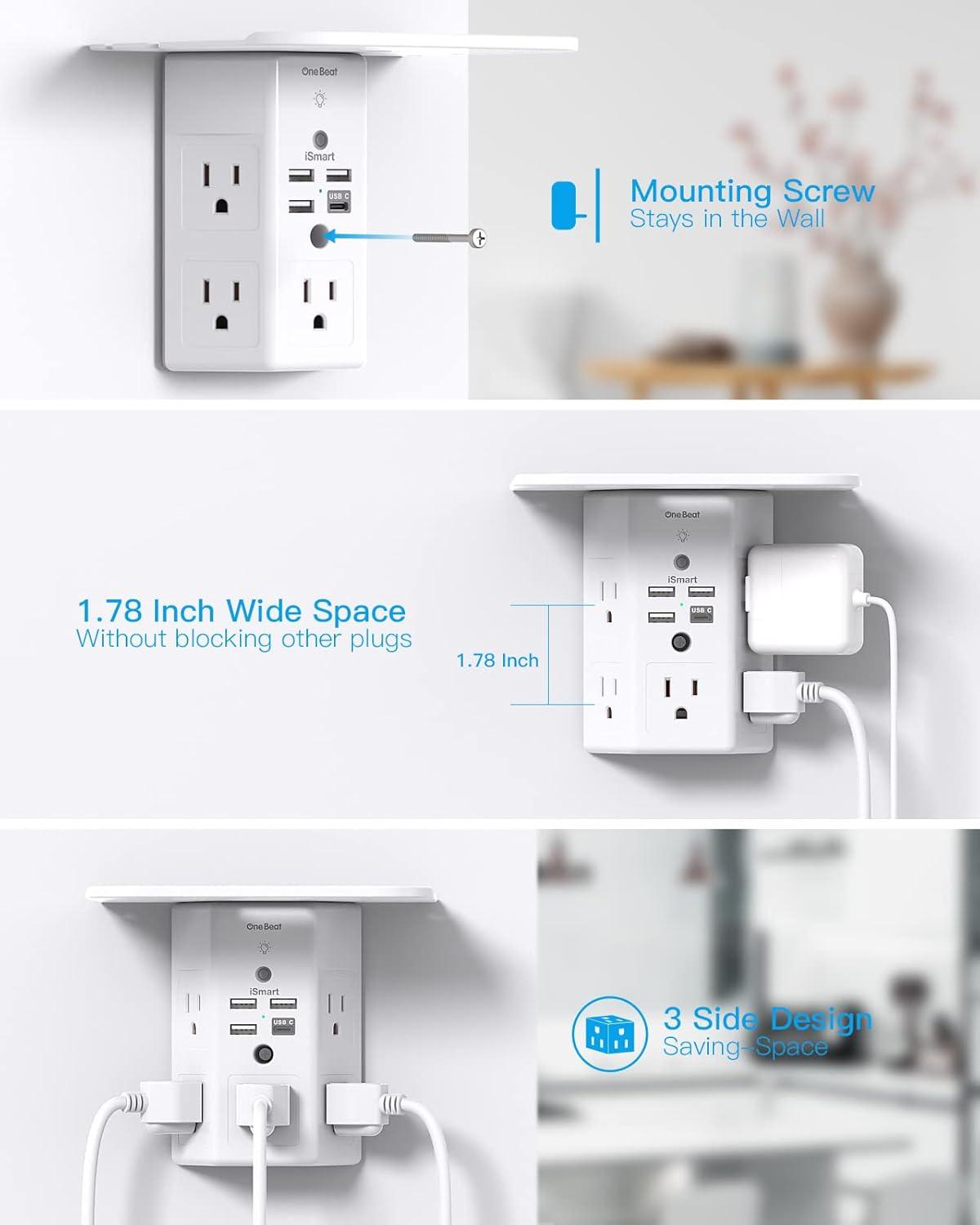 Multi Plug Outlets, Wall Outlet Extender with Night Light and Outlet Shelf, Surge Protector 4 USB Ports(1 USB C), USB Wall Charger Power Strip Electric Outlet Splitter for Home Office White
