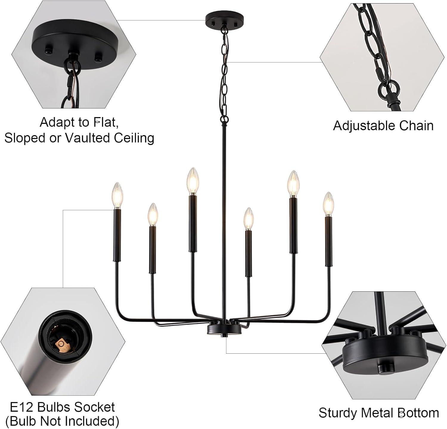 Modern Black Chandelier for Dining Room,Metal 6-Light Kitchen Light Fixtures,Farmhouse Candle Hanging Pendant Light for Living Room Entryway Foyer Bedroom (Bulbs Not Included)