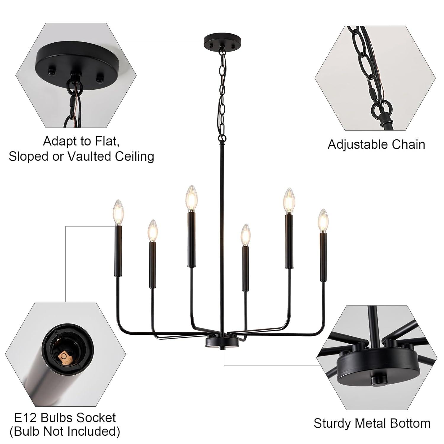 Modern Black Chandelier for Dining Room,Metal 6-Light Kitchen Light Fixtures,Farmhouse Candle Hanging Pendant Light for Living Room Entryway Foyer Bedroom (Bulbs Not Included)
