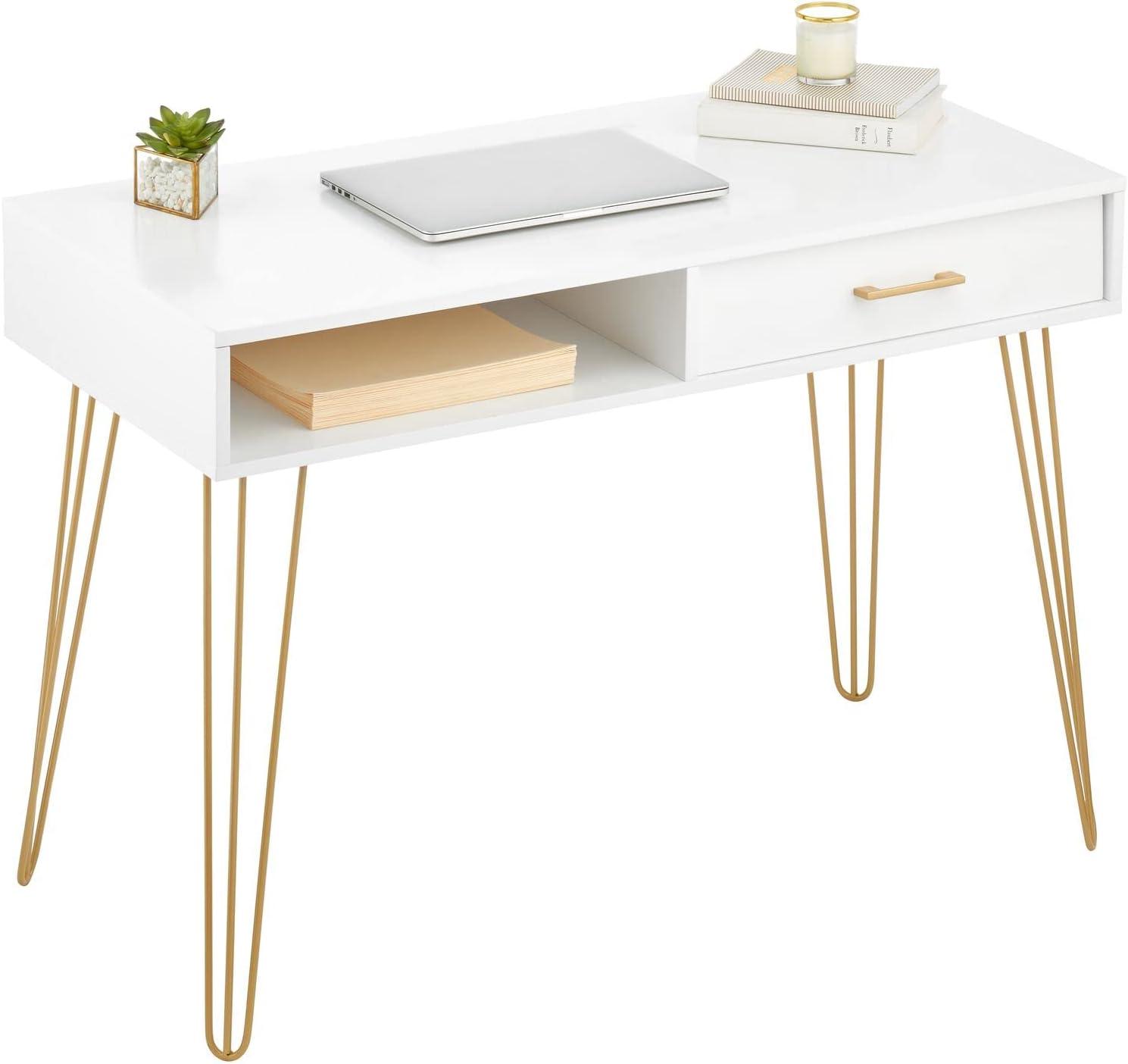 mDesign Metal/Wood Home Office Desk with Drawer, Hairpin Legs