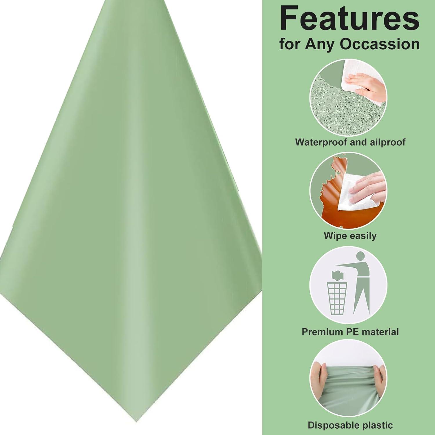TRHOO-3Pack Sage Green Plastic Tablecloths for Rectangle Tables, Light Green Disposable Tablecloth, Waterproof Sage Green Table Cover for Birthday Bridal Wedding Baby Shower Party Decorations, 54 X 1