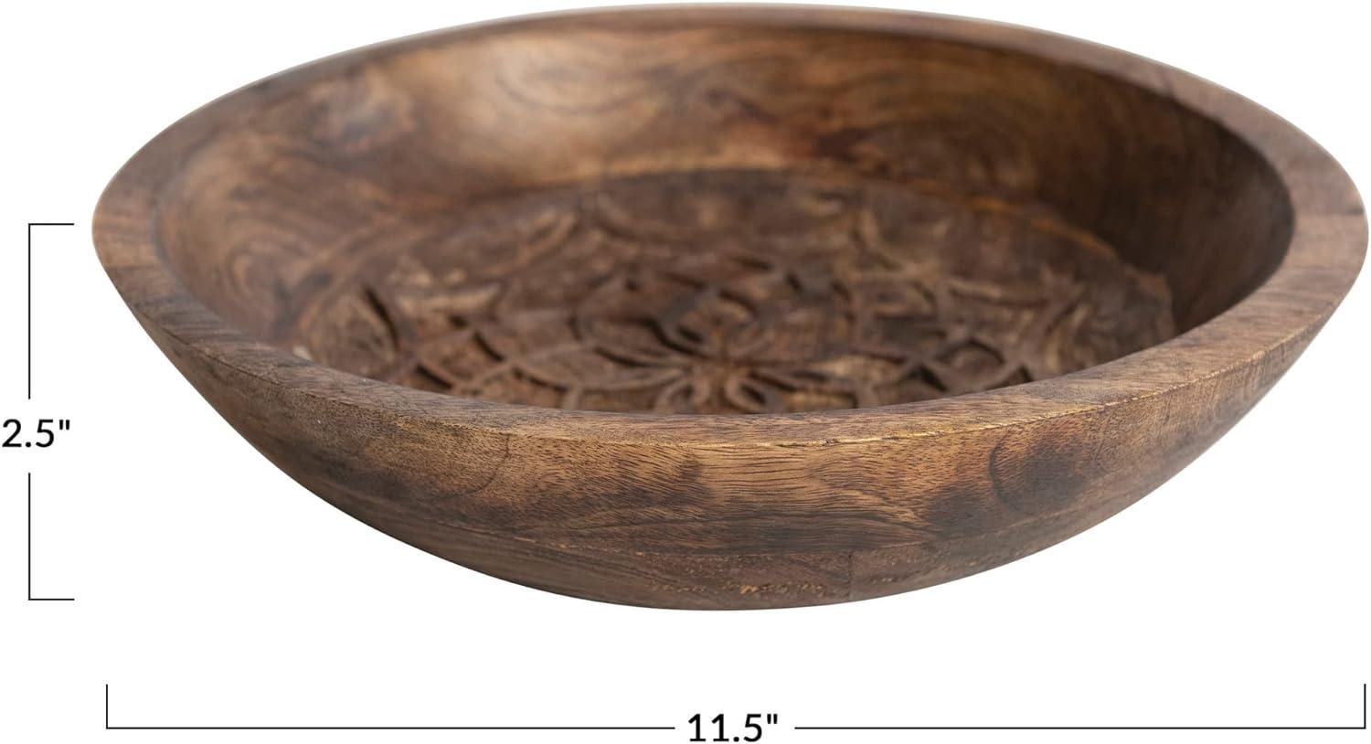 Creative Co-Op Boho Carved Wood Bowl with Interior Design, Natural, Burnt Finish