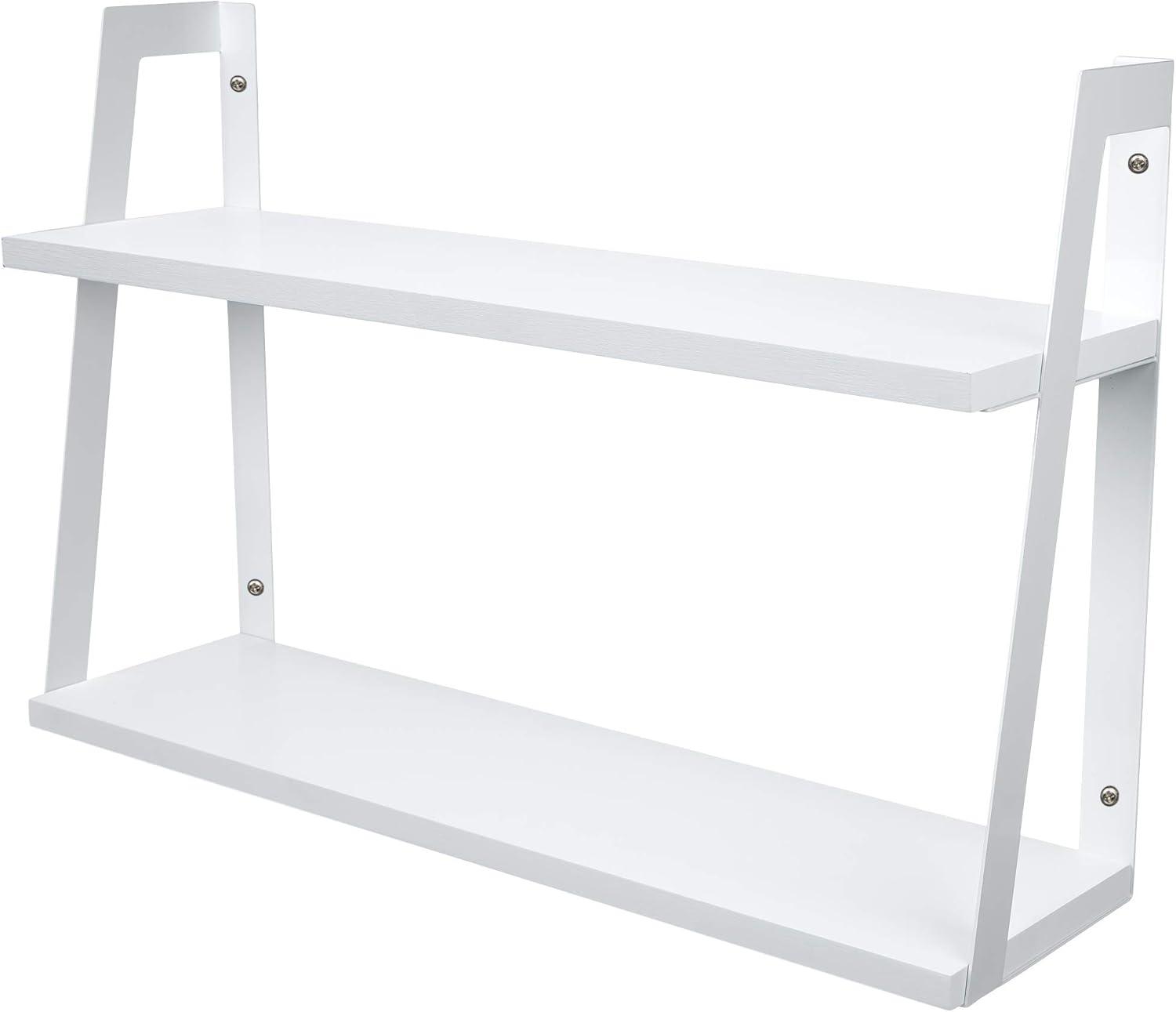 Modern White 2-Tier Steel and Wood Floating Wall Shelf