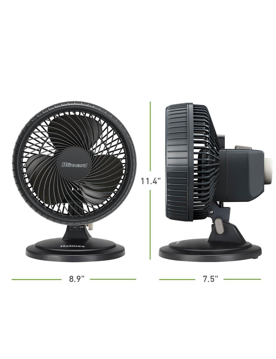 HOLMES BLIZZARD 7" Table Fan, 2 Speeds, 3 Blades, 85° Oscillation, 20° Adjustable Head, Home, Bedroom and Office, Charcoal Matte