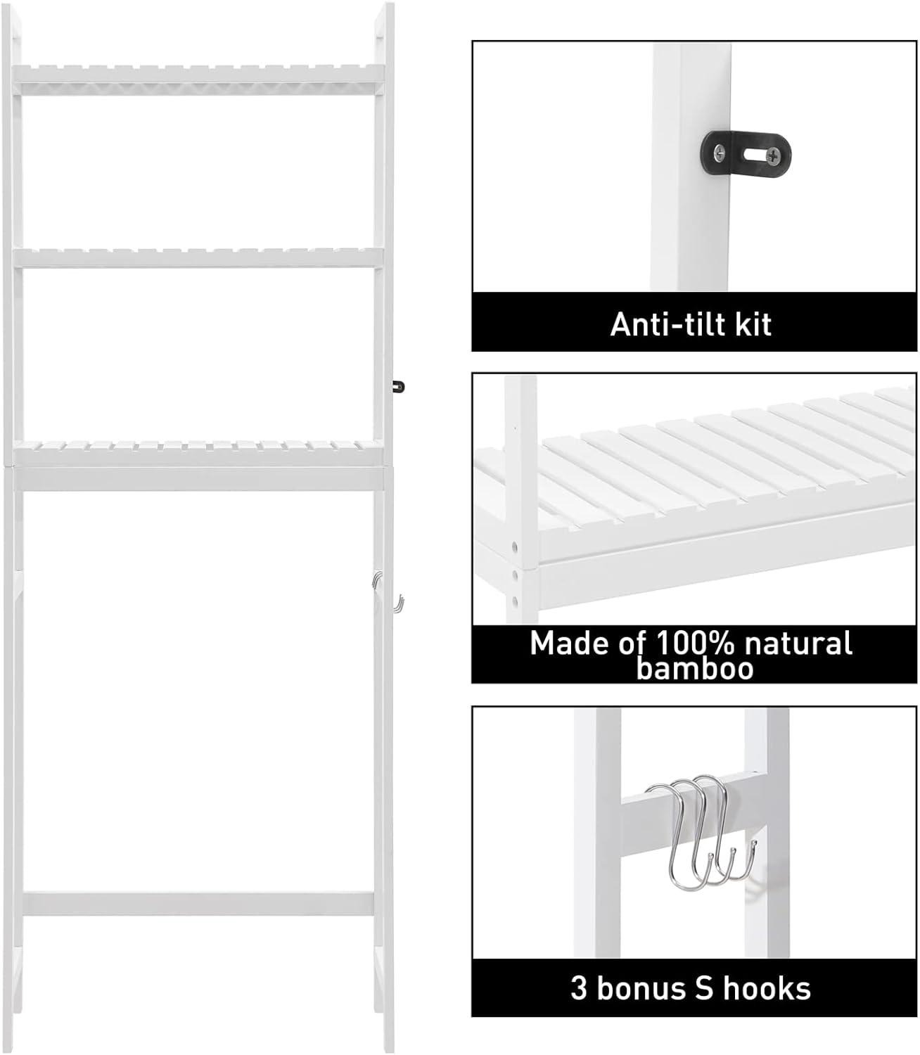 Over The Toilet Storage, 3-Tier Bathroom Organizer Over Toilet with Sturdy Bamboo Shelves,Multifunctional Toilet Shelf,Easy to Assemble and Saver Space, 25 * 10 * 64 Inches, White