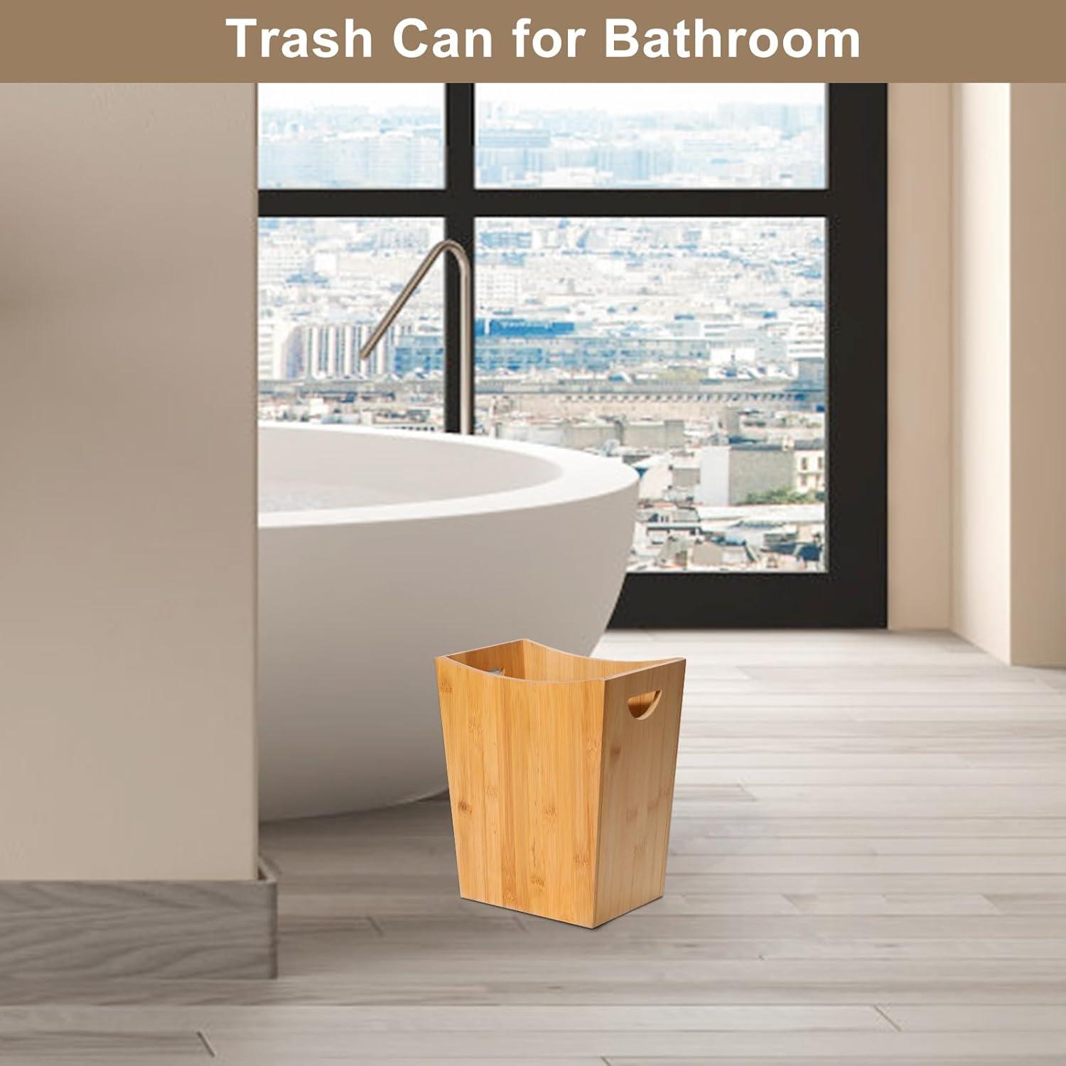 SEHERTIWY Wood Trash Can, Farmhouse Wastebasket Bin for Bathroom, Office, Bedroom, Living Room, Small Square Rustic Garbage Container (Wood-Black)