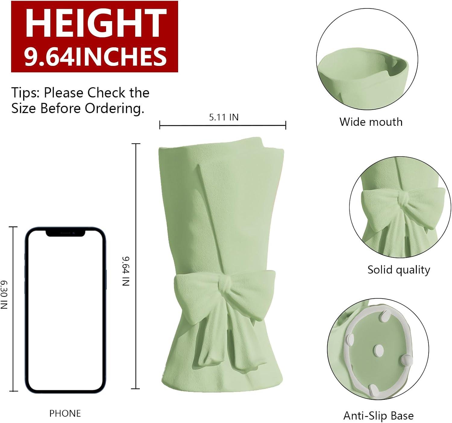 Green Ceramic Bow Vase 9.64 in Unique Cute Modern Decorative Bouquet Flower Vases for Home Living Room Table Decor Women Girl Gifts