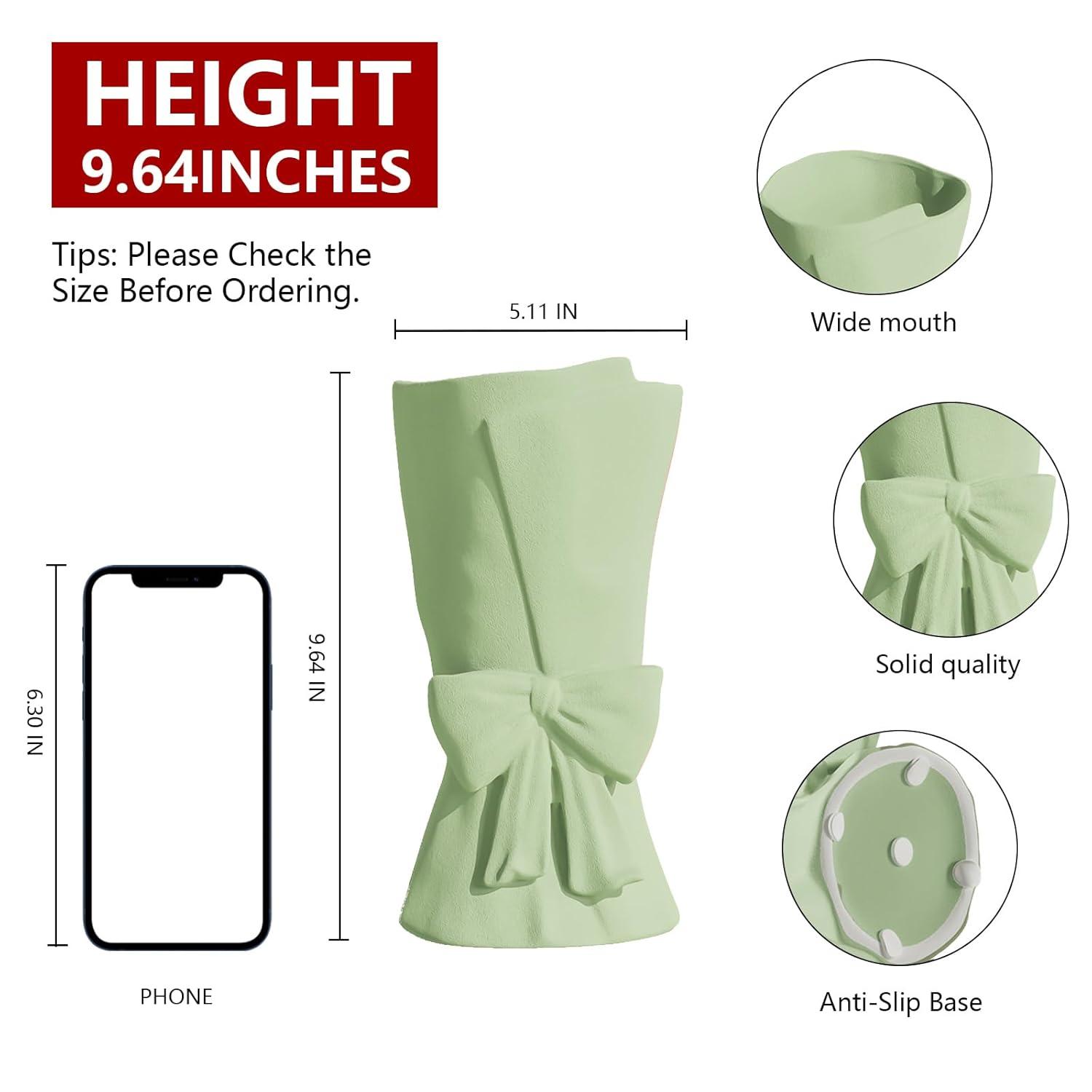 Green Ceramic Bow Vase 9.64 in Unique Cute Modern Decorative Bouquet Flower Vases for Home Living Room Table Decor Women Girl Gifts