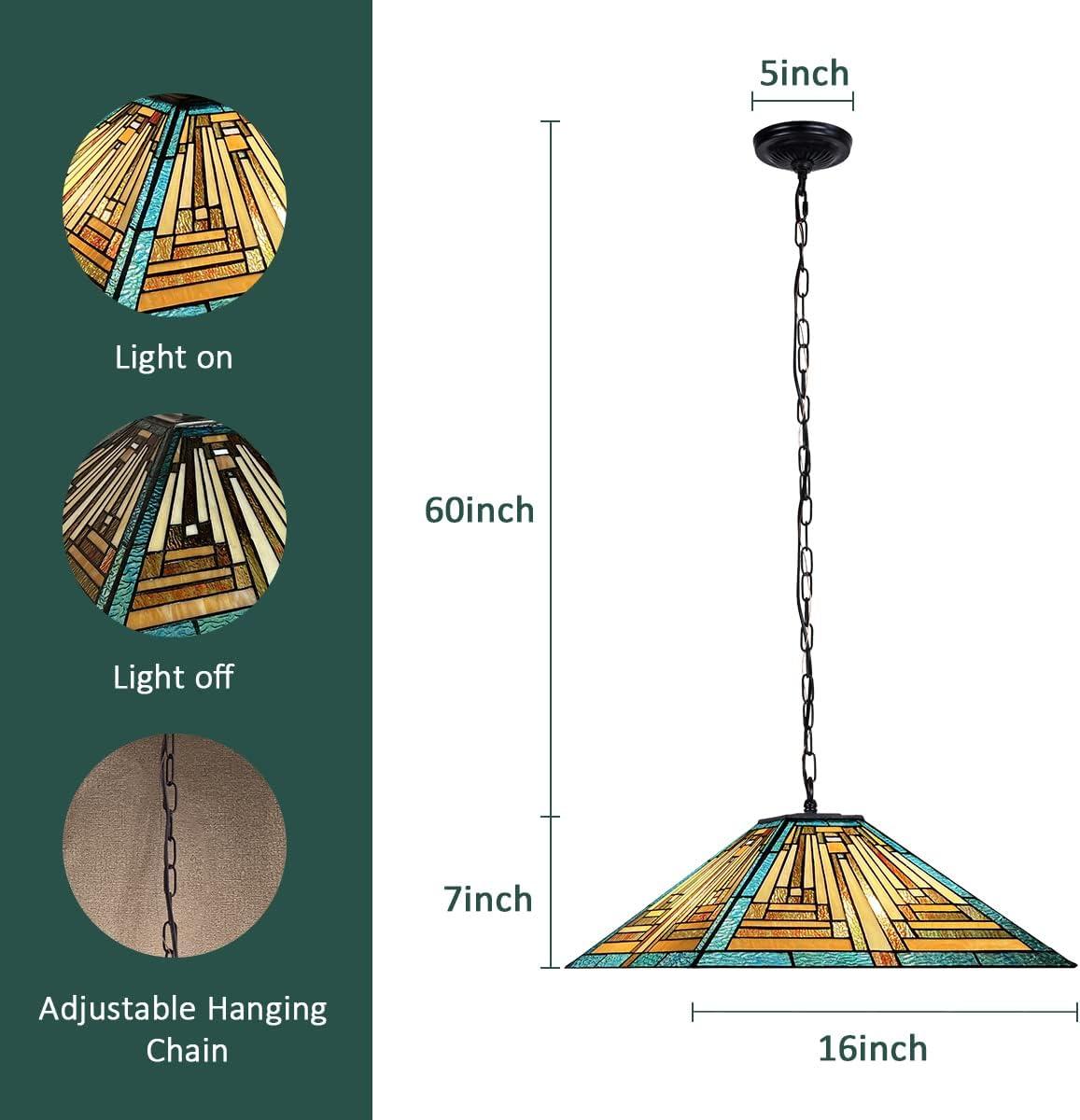 Tiffany Pendant Lights Fixtures 16 inch Green Mission Stained Glass Hanging Lamp 2 Lights Large Antique Style Ceiling Pendant Lighting for Kitchen Island Dining Room Bedroom